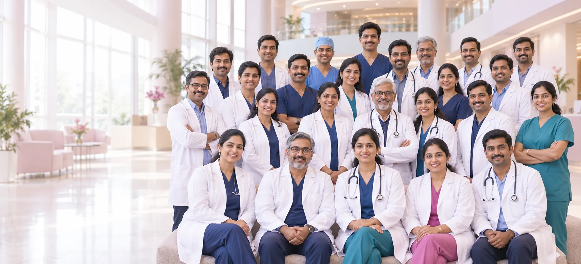 AI-generated illustrative group of doctors representing multidisciplinary care; not actual SMC Life staff